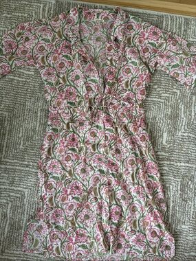 Pink Floral Drawstring Waist Shirt Dress